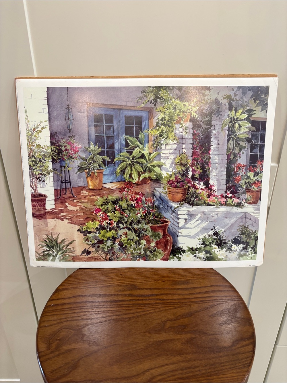 Garden Patio Watercolor Print - Blue Door & Lush Greenery